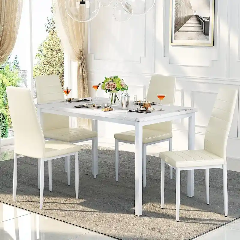 Mieres Modern Style 5-Piece Faux Marble Top Dining Table Set with 4 Faux Leather Upholstered Dining Chairs