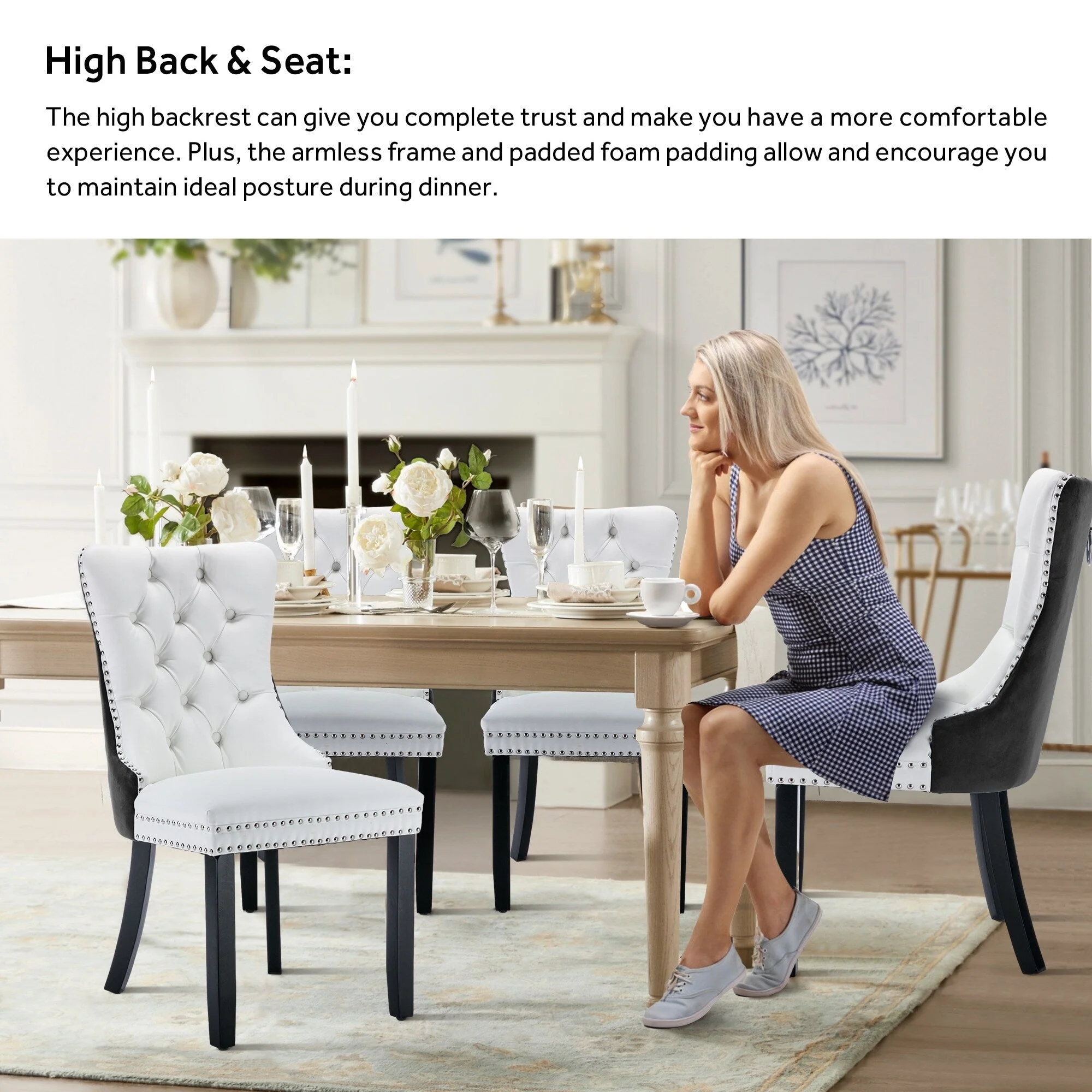 Upholstered Tufted Velvet Dining Chair with Solid Wood Legs Set of 6