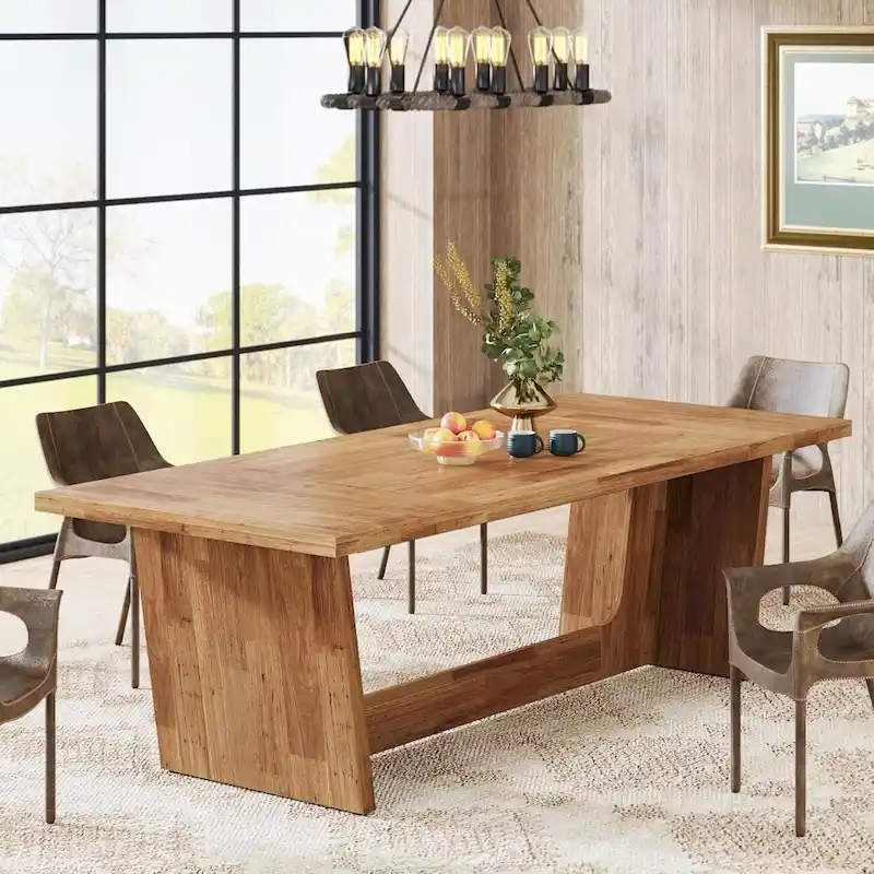Farmhouse Rectangular Dining Table with Pedestal Base – Brown, 6–8 Person