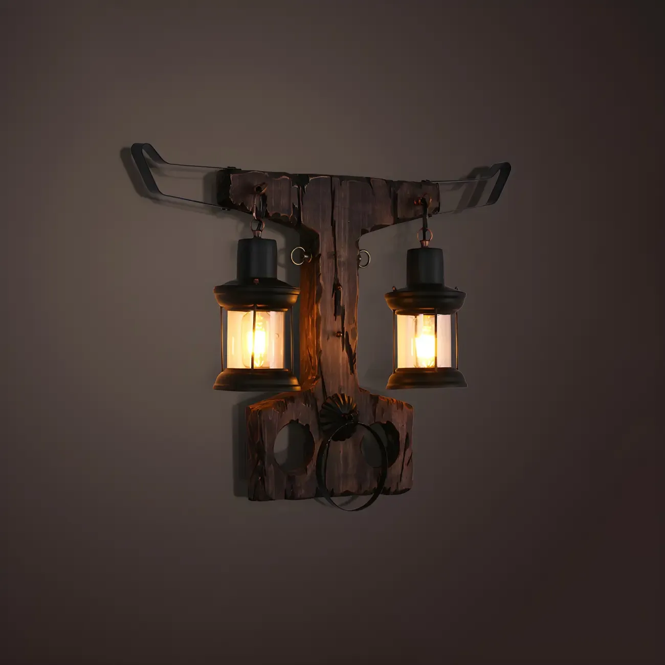 Industrial Distressed Wood Glass Black Wall Lantern Light