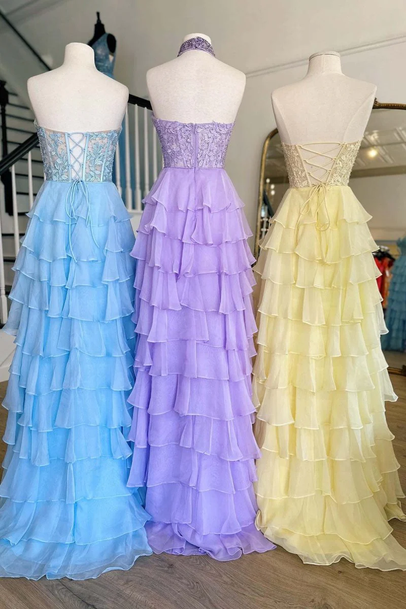 Royal Blue Chiffon Sweetheart Ruffle Tiered Long Prom Dress