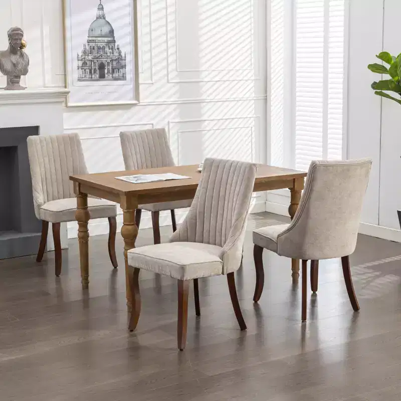 MAYEERTY Rayon Flocking Linen Dining Chairs - Channel Tufting, Curved Solid Wood Legs, Beige, Set of 2