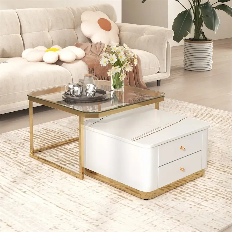 2 Pieces Nesting Coffee Table w/ Drawers & Electroplated Gold Legs