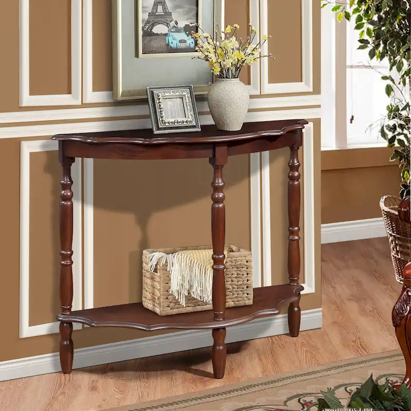 42 Retro Circular Curved Half-Moon Console Table with Cloud Design Top and Open Shelf Solid Wood Frame and Legs