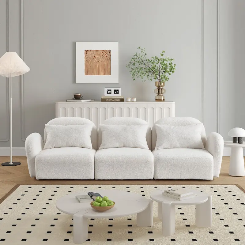 Pink / Blue / White Teddy Fabric 3-Seat Sofa with Curved Arms – Modern Style, Seats 3