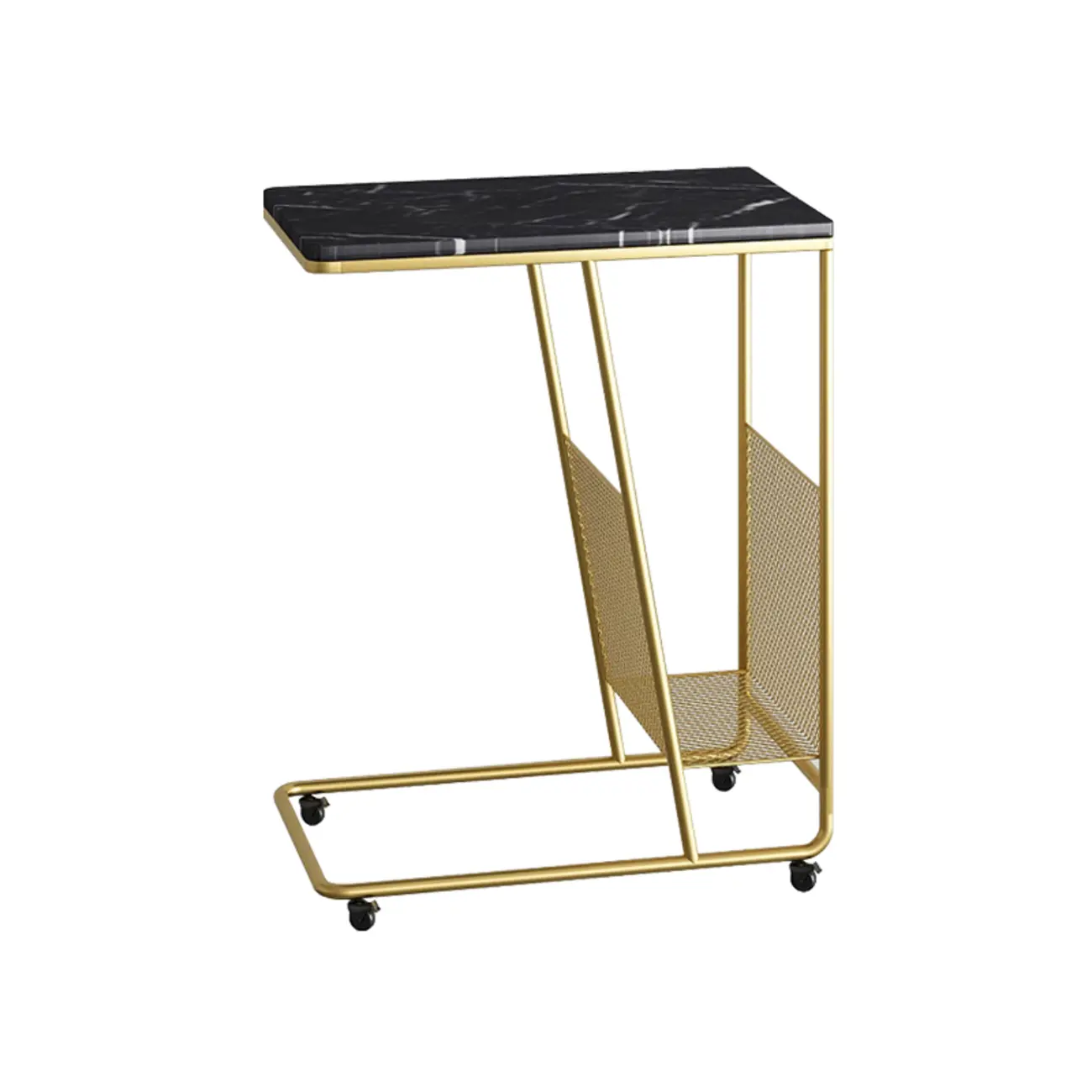 Metal C-Shaped Marble Top End Table with Magazine Rack