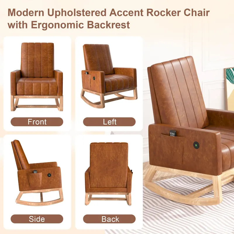 Gray Teddy Velvet Adjustable Rocking Chair with Footrest