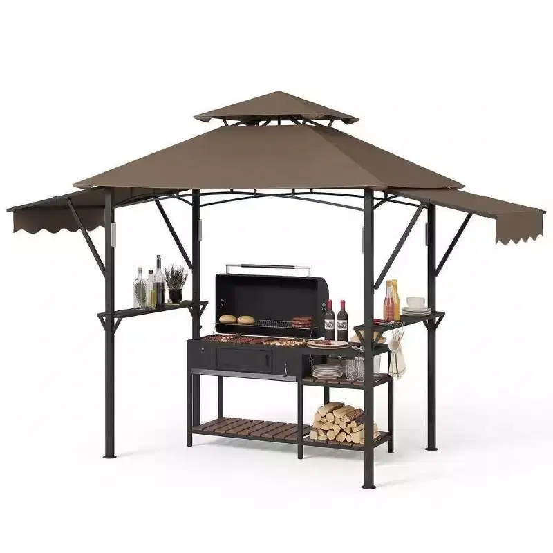 8x5 ft BBQ Grill Gazebo with Adjustable Dual Side Awnings 2-Tier Shelter with 2 Shelves Hooks 4 Lights Steel Frame Canopy for Backyard Garden