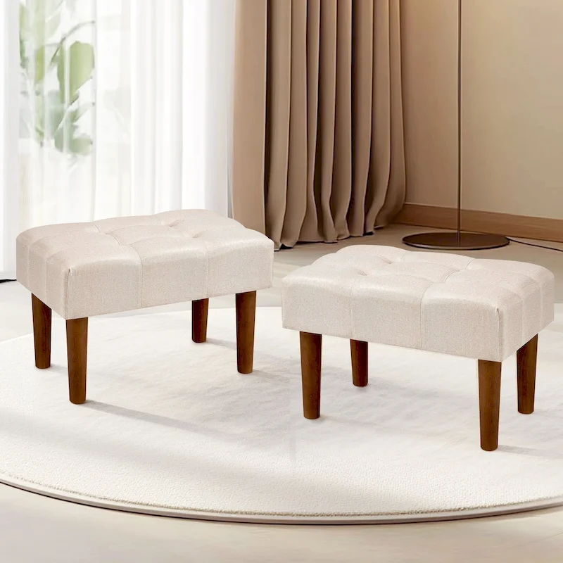 2 Pcs Small Foot Stool Ottoman, Linen Ottoman Foot Rest with Legs, Rectangle Upholstered Footrest