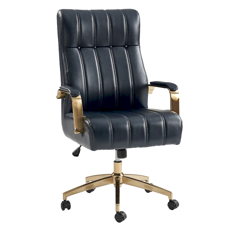 Curtiz Mid-Century Modern Vegan Leather Swivel Tilting Office Chair with Channel Tufted and Metal Feet by HULALA HOME