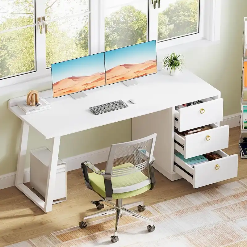 White 55-Inch Modern Computer Desk with Drawers