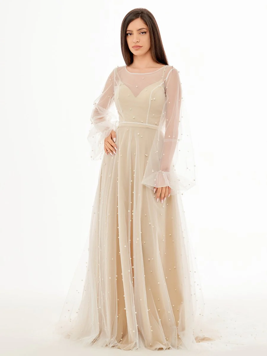 Simple Modest A-Line Long Sleeve Tulle Elopement Illusion Wedding Dress with Pearl