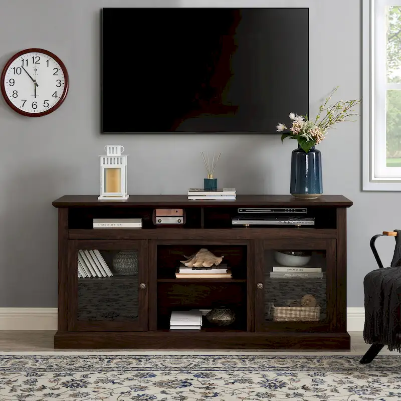 Brown Rustic Wood & Metal TV Stand with 4 Open Shelves & 2 Cabinets – Single