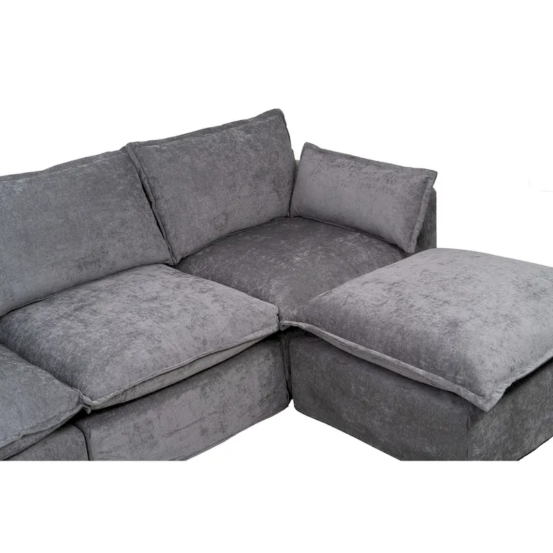 93.31 Faux Linen Modular Sectional Sofa with Ottoman, Wood Frame
