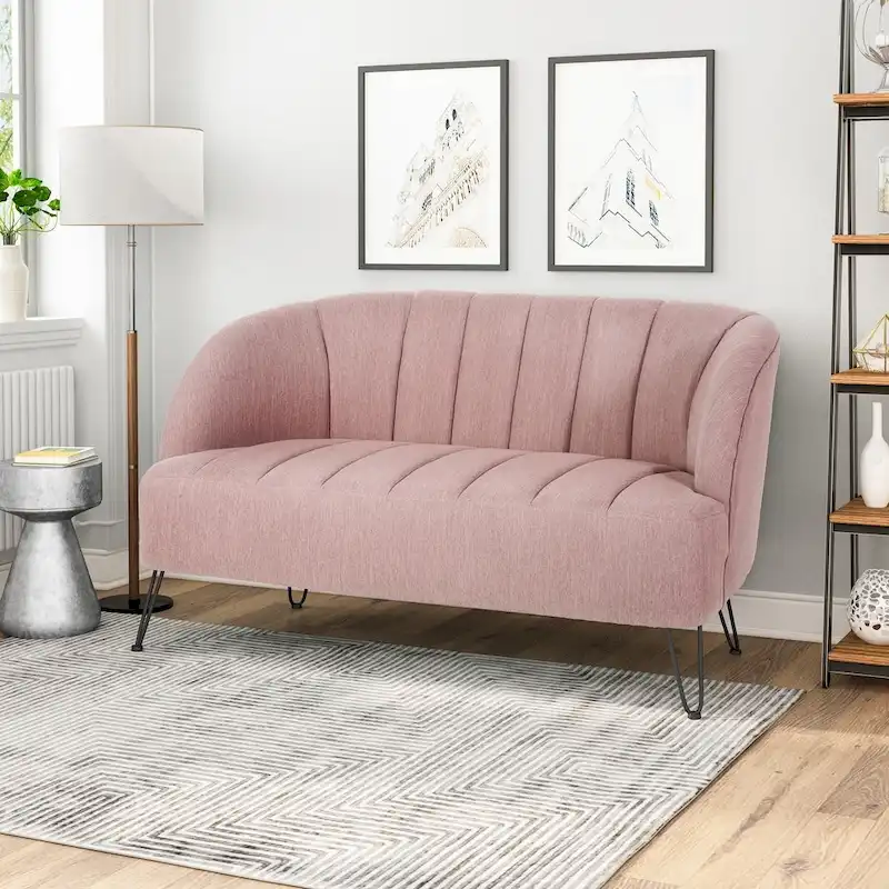 Light Gray / Blush / Beige / Teal Channel-Tufted Fabric Loveseat with Black Hairpin Legs – 2-Seat