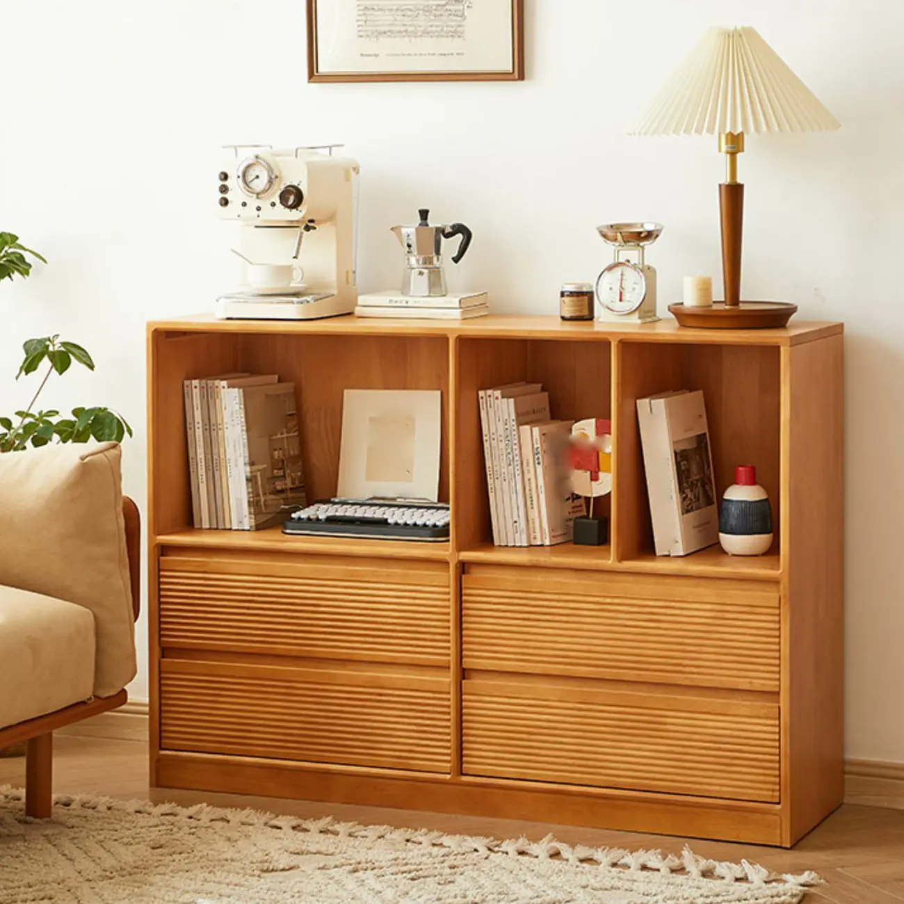 Scandinavian Light Wood 2-Shelf Bookcase with Drawers