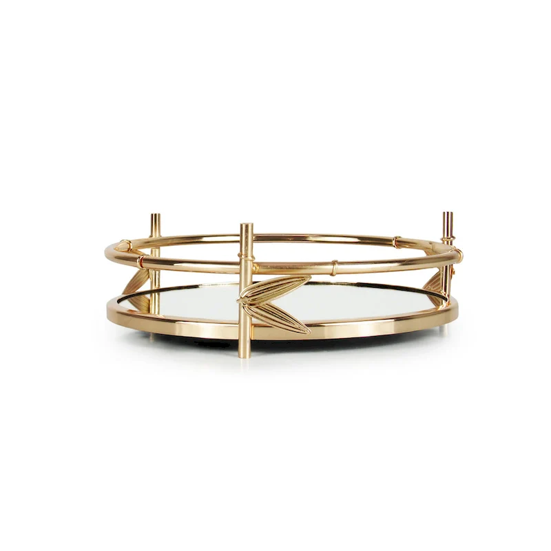 Gold Bamboo Style Round Metal Mirror Decorative Tray Serving Platter