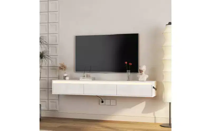 Floating TV Stand Wall Mounted w/Power Outlet, Modern Entertainment Center for 65 Inch TV, High Gloss TV Shelf w/LED Lights for Living Room, Bedroom