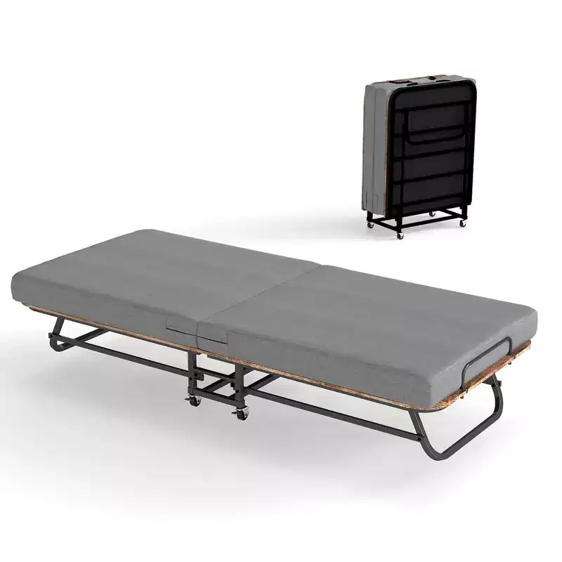 Zeus & Ruta Portable Foldable Bed with Memory Foam Mattress, Metal Frame & Locking Wheels