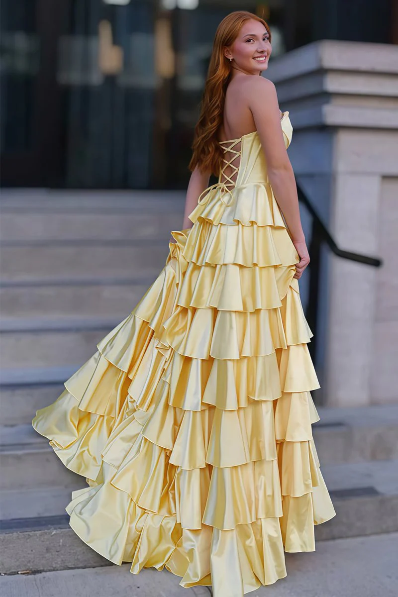 Yellow Strapless A Line Satin Ruffled Long Prom Dresses With Slit
