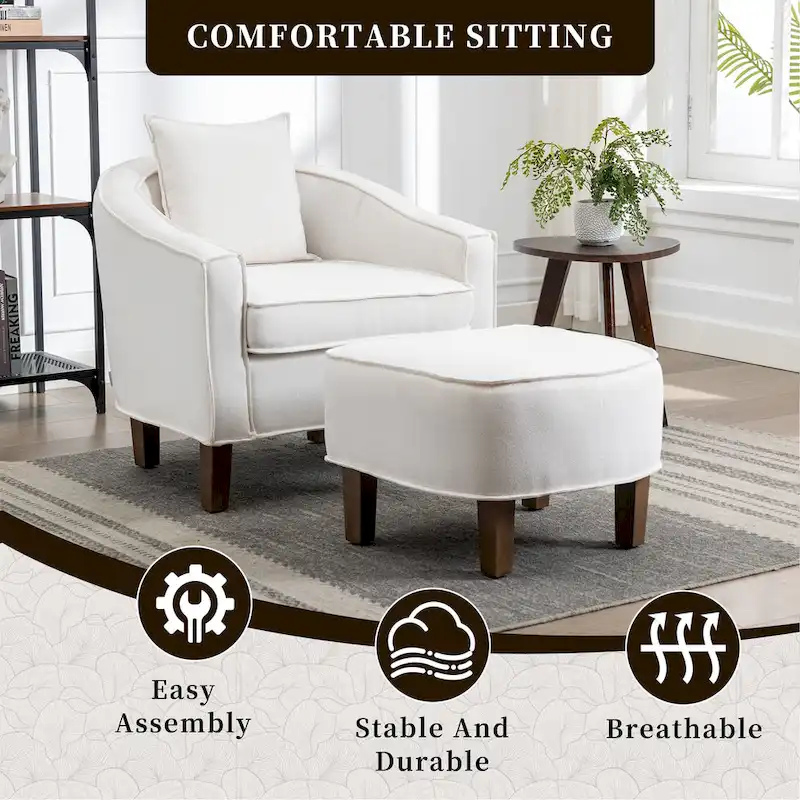 Linen/Polyester Upholstered Mid Century Barrel Chair with Ottoman