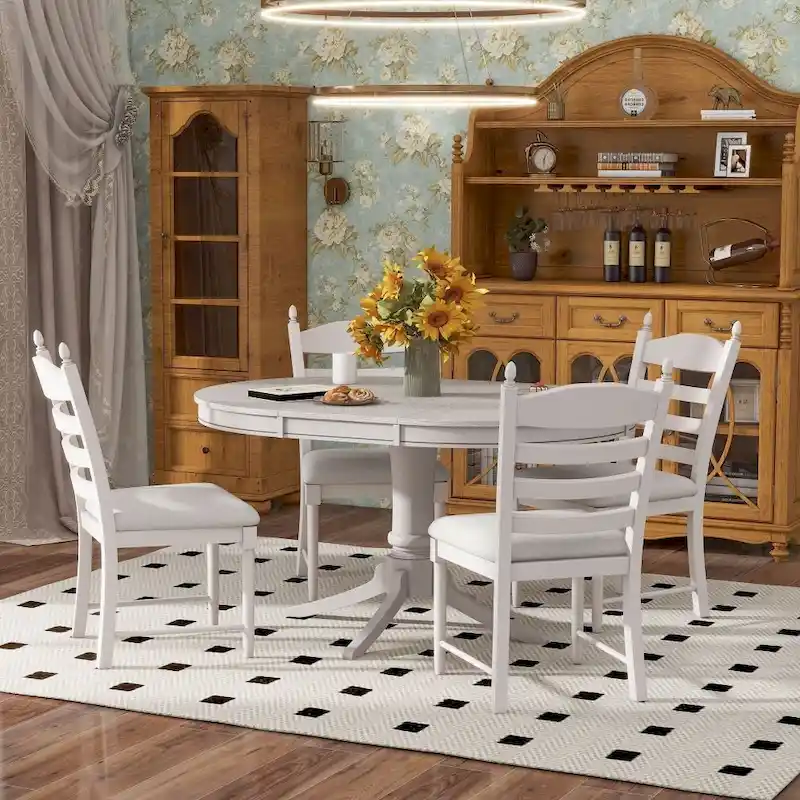 5-Piece Retro Functional Dining Table Set Wood Round Extendable Dining Table and 4 Upholstered Dining Chairs