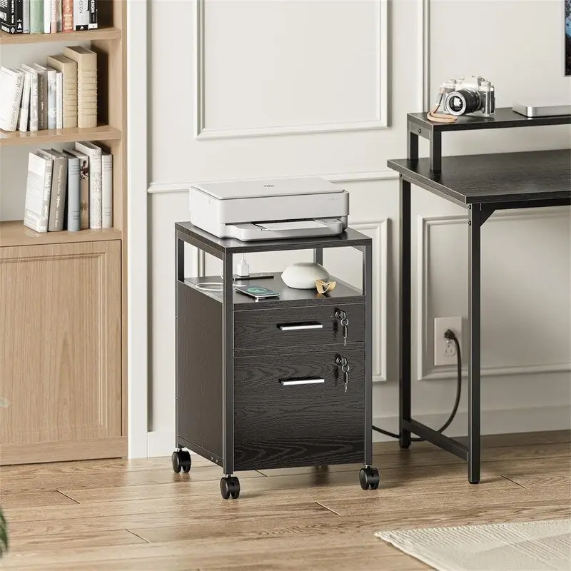 Black Wood Grain 2-Drawer Rolling File Cabinet with Lock, Charging Station & Swivel Wheels