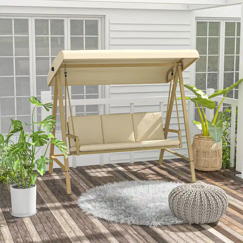 Outsunny 3-Seat Outdoor Porch Swing with Stand, Heavy Duty Patio Swing Chair with Adjustable Canopy, Removable Cushions