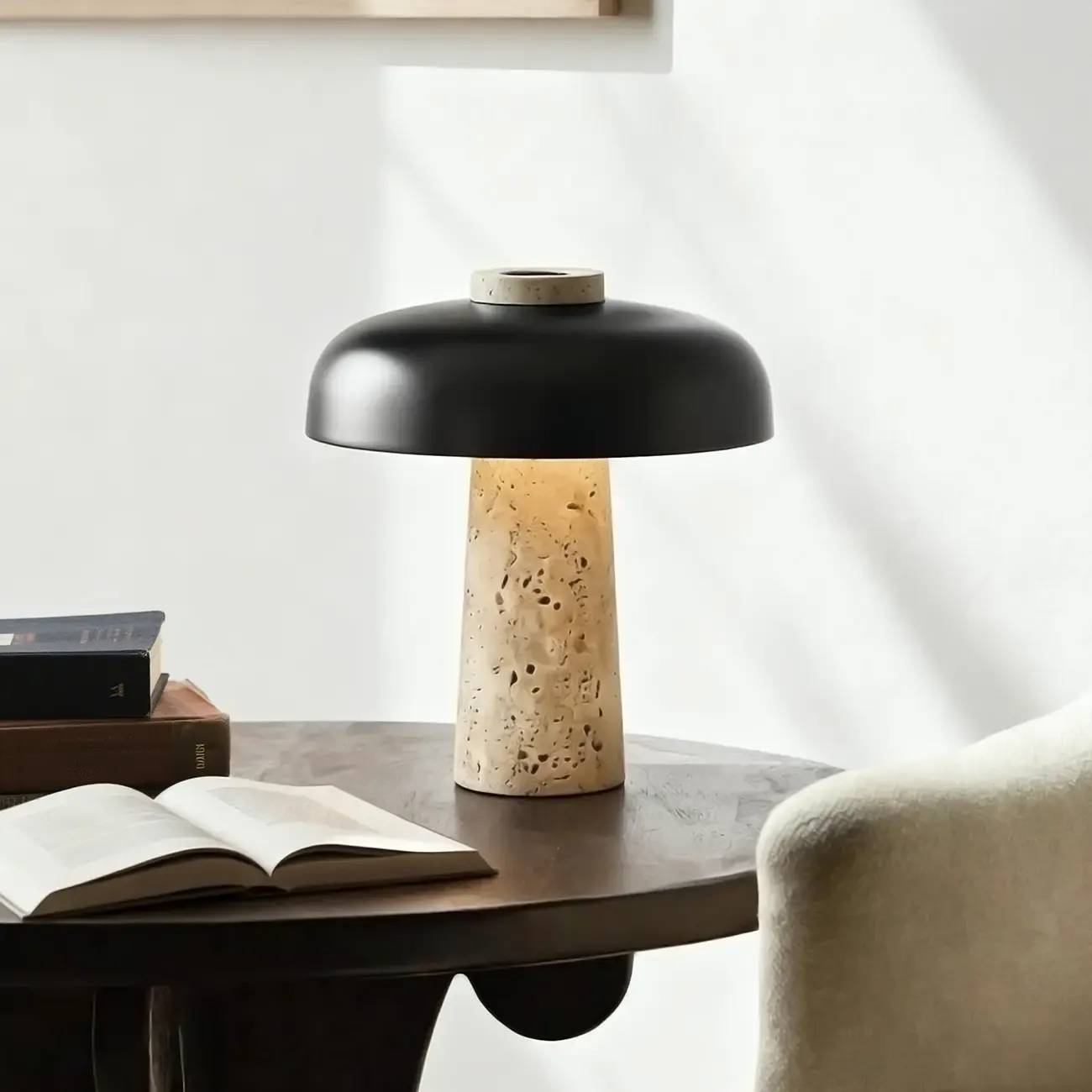 Modern Travertine Stone Table Lamp with Iron Shade