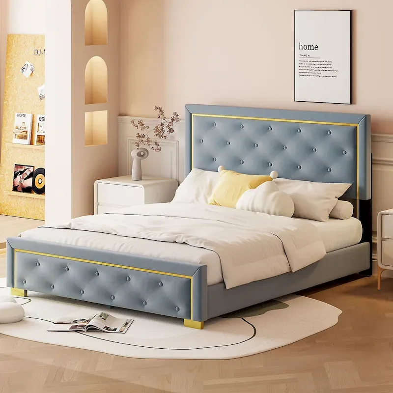 Queen Size Upholstered Platform Bed with Pull Point Headboard and Metal Wire Frame