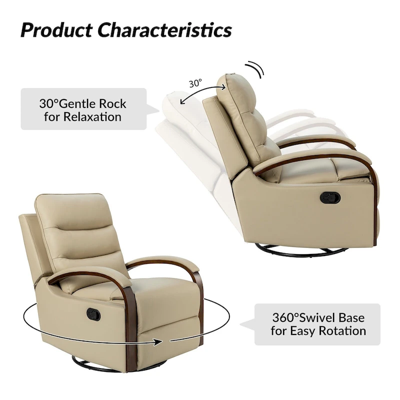 Leopold Modern Genuine Leather Swivel Rocking Manual Recliner Chair with Wooden Arm Accents by HULALA HOME