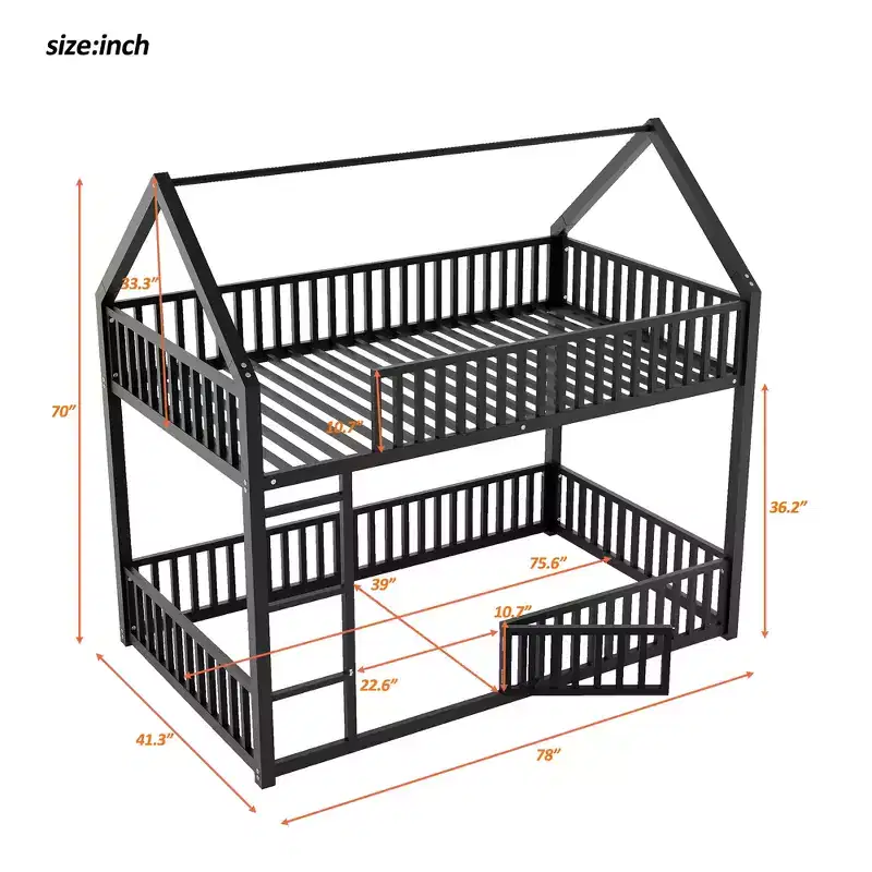 Bellemave Twin Over Twin Metal House Bunk Bed with Guardrails for Kids, Black