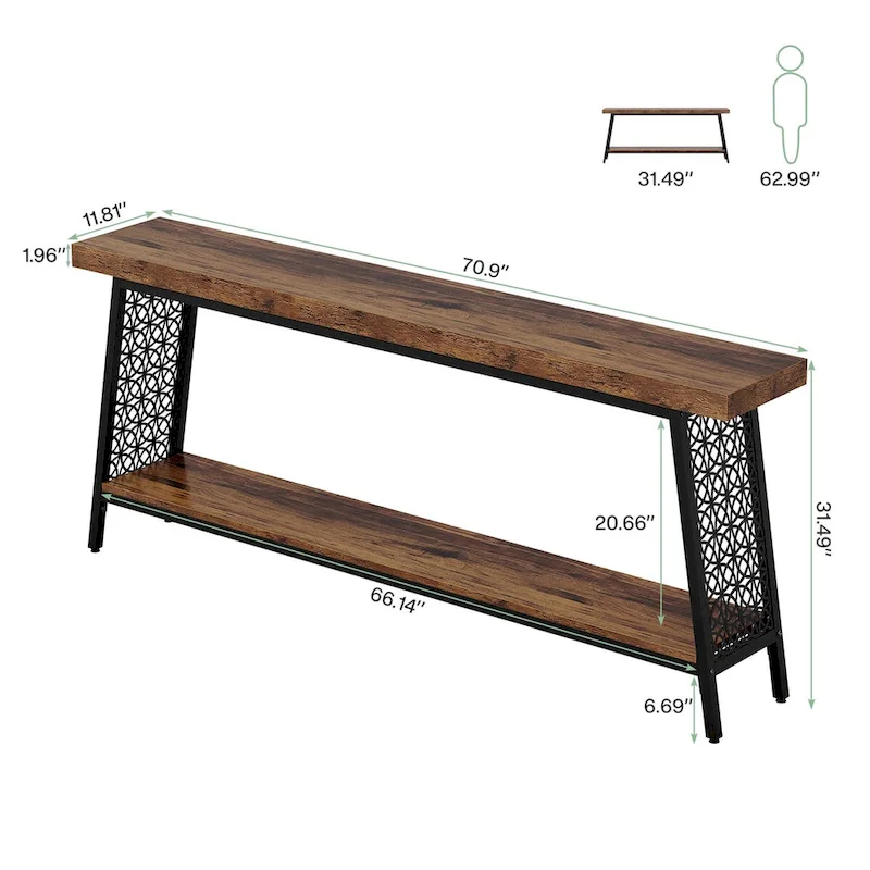 70.9 Console Table, 2-Tier Extra Long Sofa Table, Industrial Entryway Table