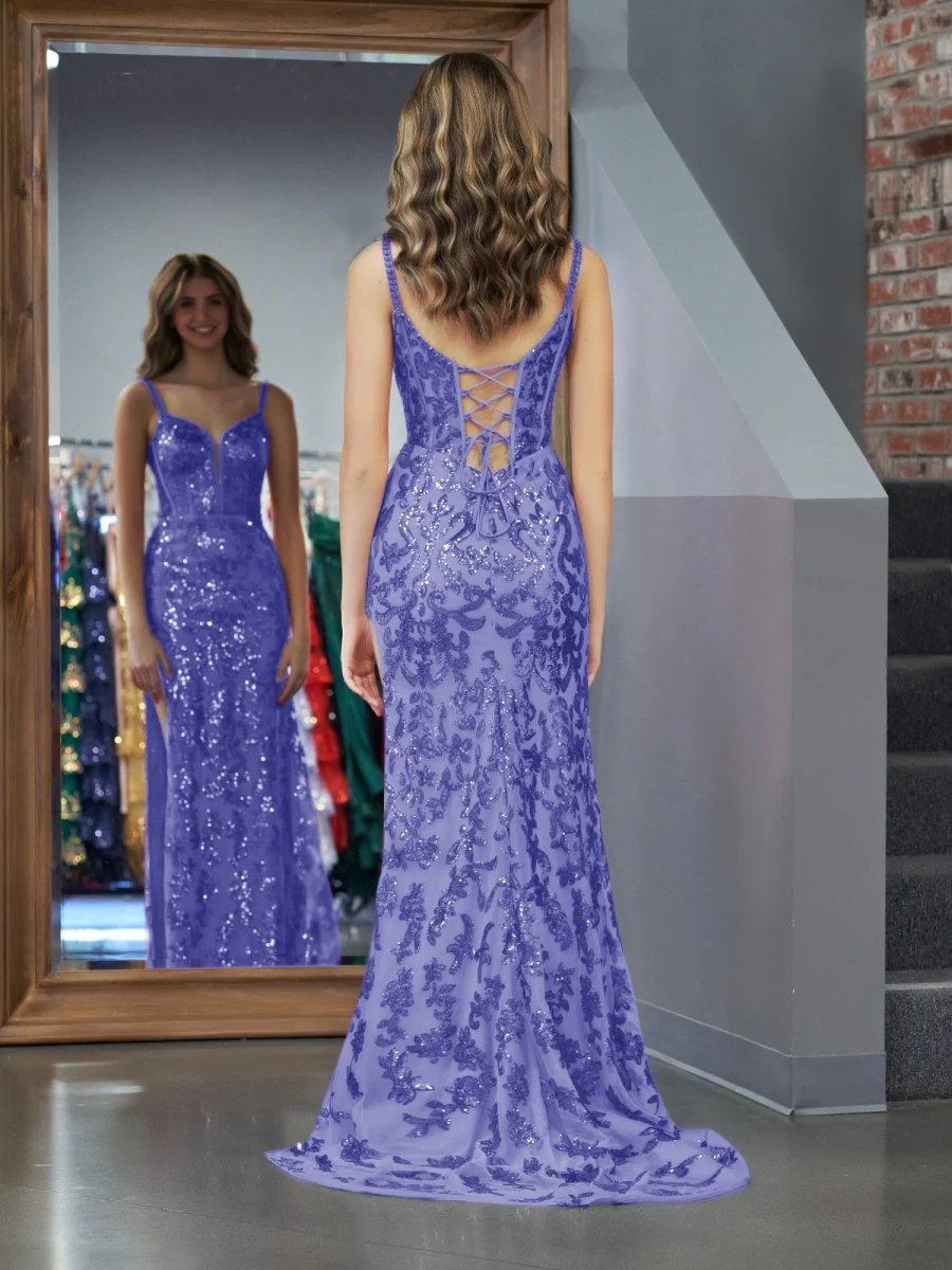 Sparkly Blue Mermaid Sequins Long Prom Dress with Slit