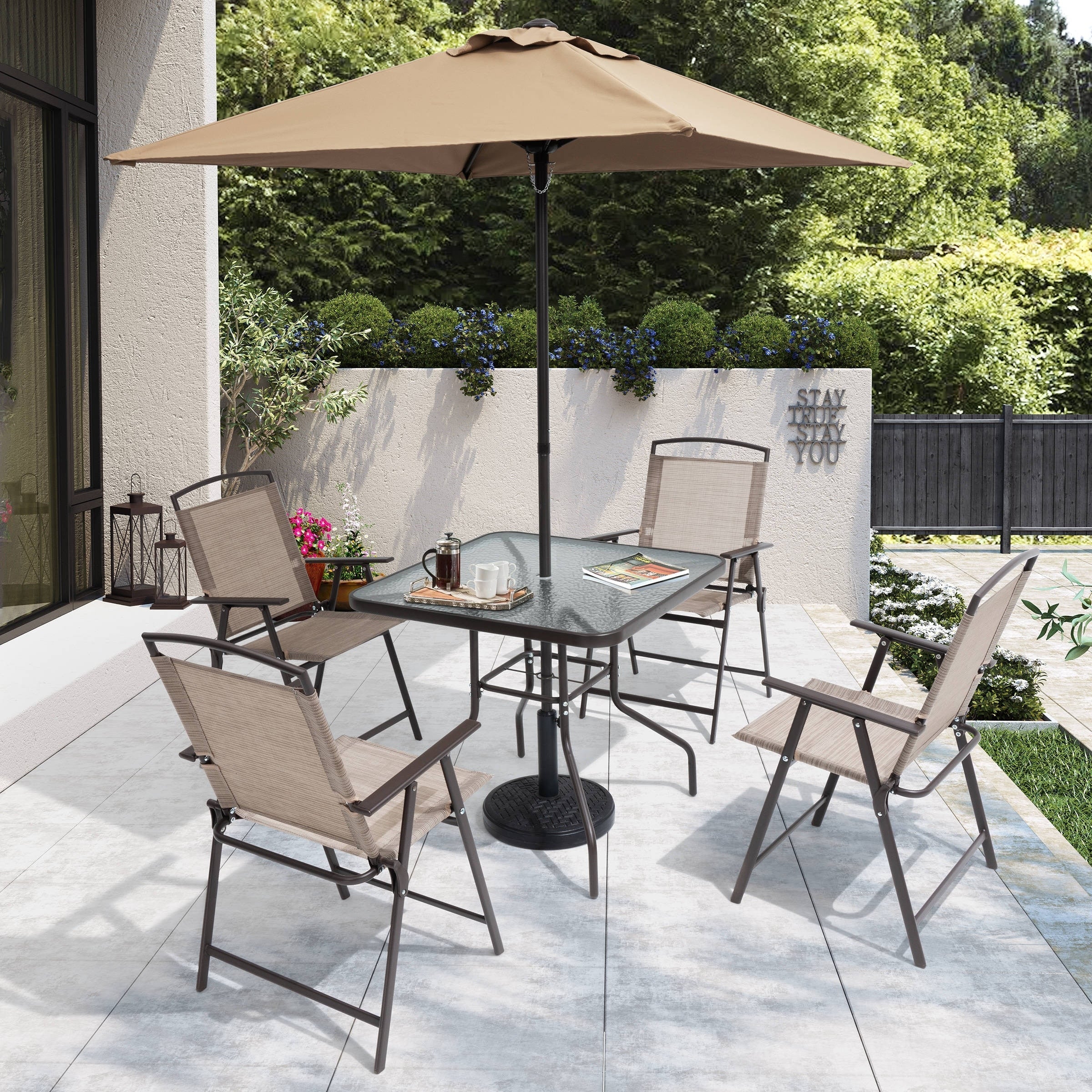Pellebant 6 Piece Patio Set with Table, Umbrella and 4 Folding Chairs - 22.4Wx26.8Dx34.4H
