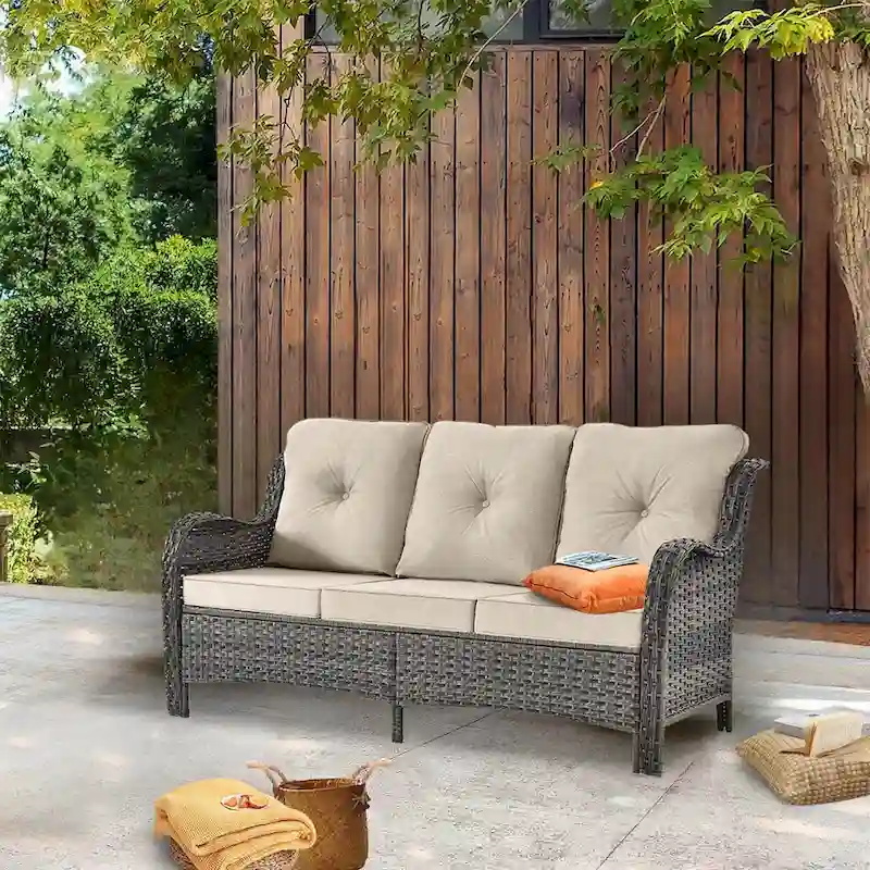 3 Seat Wicker Rattan High Back Curved Outdoor Patio Sofa with Cushions