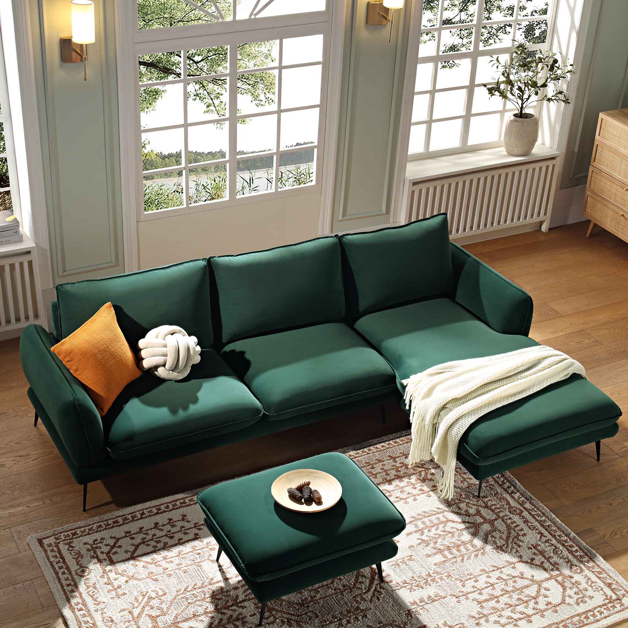 Forest Green Velvet Sofa, Grande Chaise Sofa Right Hand Facing
