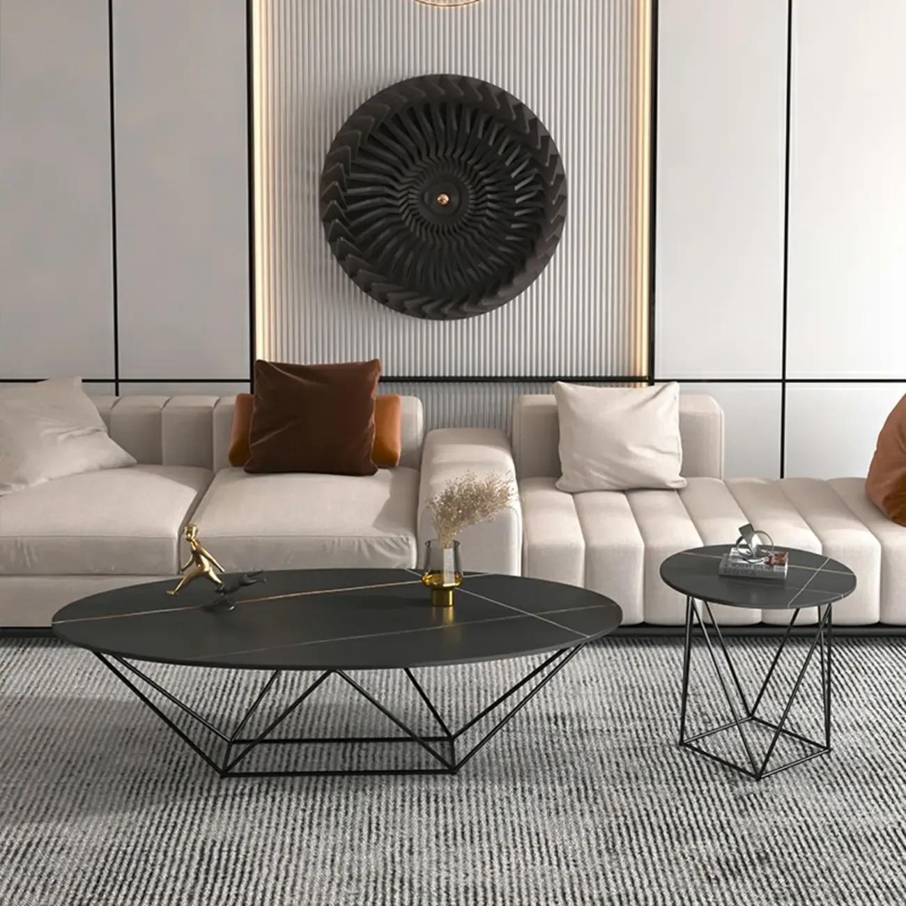 Stylish Metal Black Oval Coffee Table with Geometric Base