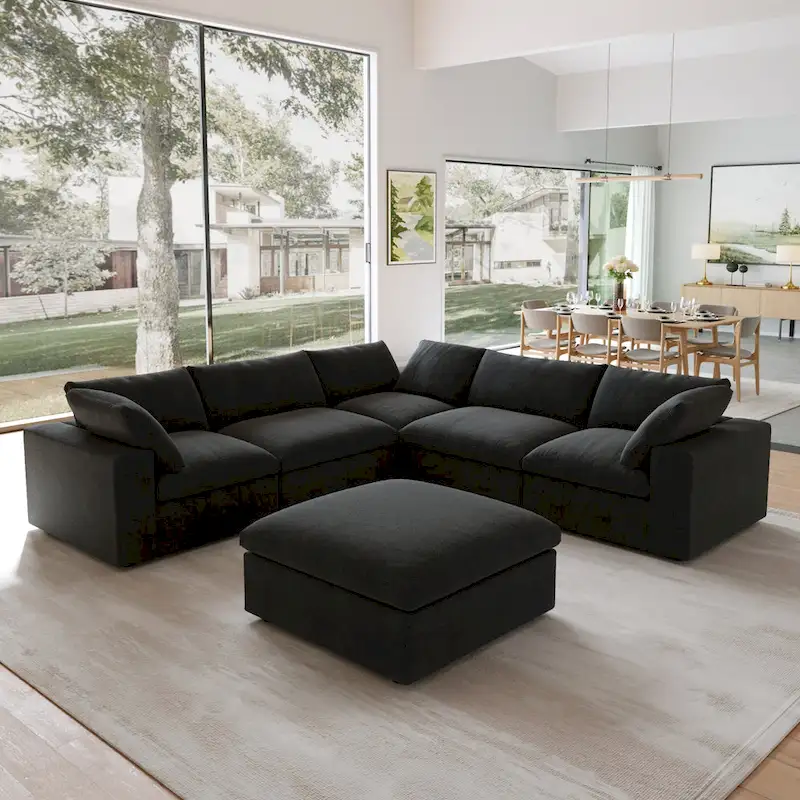 Black Commix Down Filled Overstuffed Sectional Sofa with Ottoman