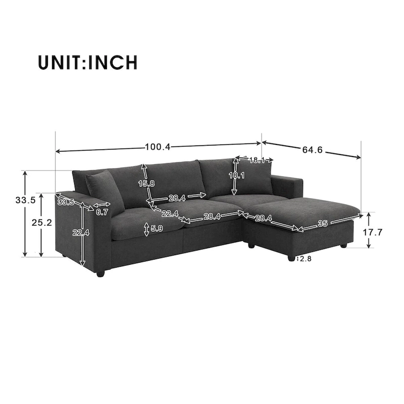 Modern Sectional Sofa,L-shaped Couch Set with 2 Free pillows,4-seat Polyester Fabric Couch Set with Convertible Ottoman