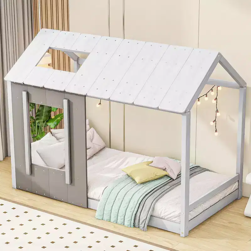 Twin Size Platform Bed with Roof and Window House Bed Frame, No Box Spring Required Twin Size Bedframe for Bedroom, Children's Room, Kids Room
