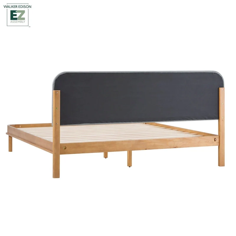 Walker Edison Solid Wood King Bed with Curved Upholstered Headboard
