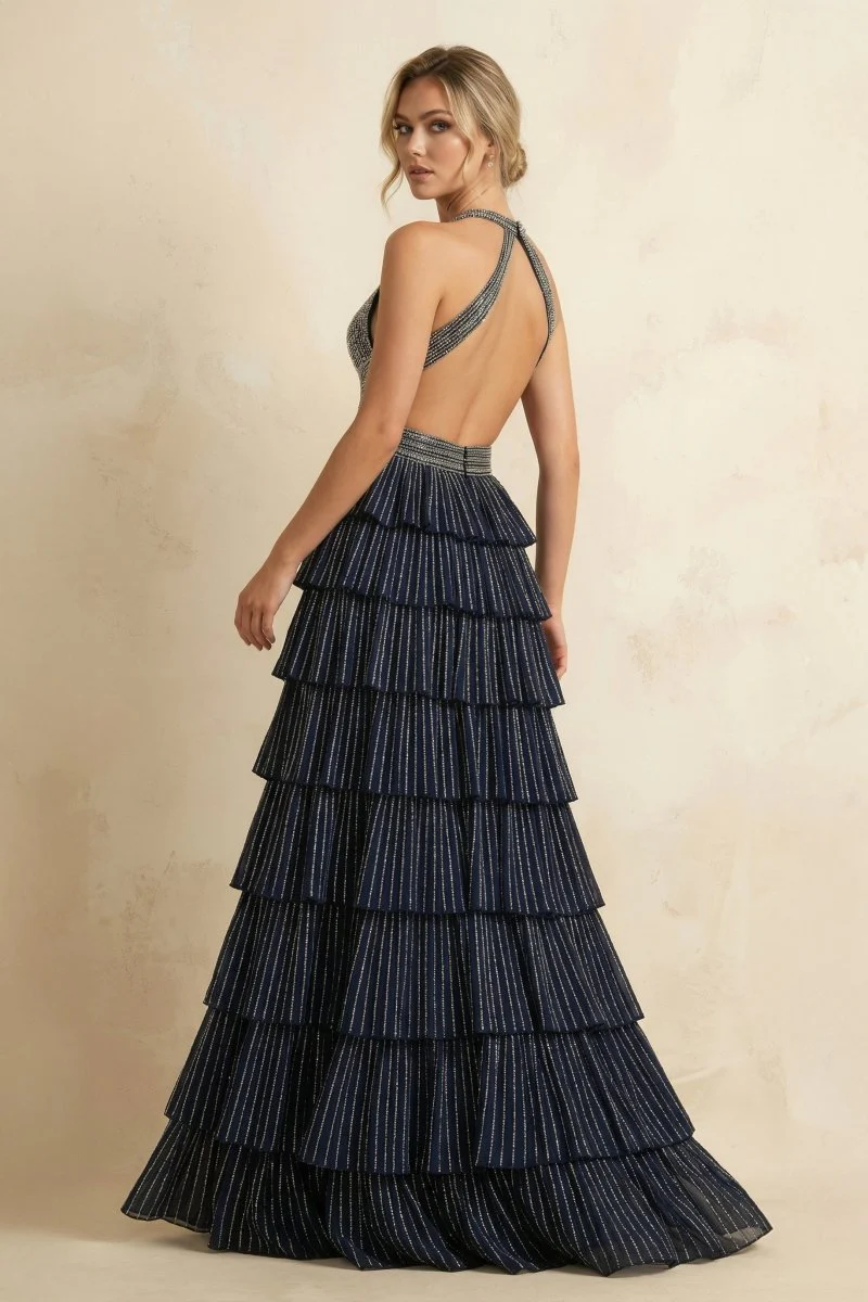 Navy Blue - A-Line V Neck Satin Beaded Long Prom Dresses With Ruffles