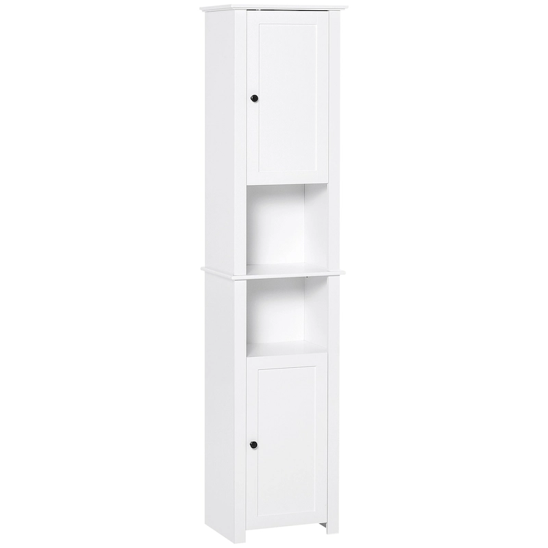 HOMCOM Tall Bathroom Storage Cabinet, Freestanding Linen Tower with 2-Tier Shelf and 2 Cupboards, White