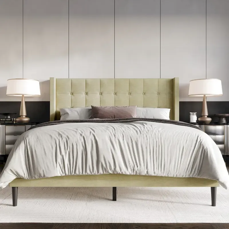 Cream / Dark Brown / Grey Button-Tufted Wingback Upholstered Platform Bed – Twin / Full / Queen