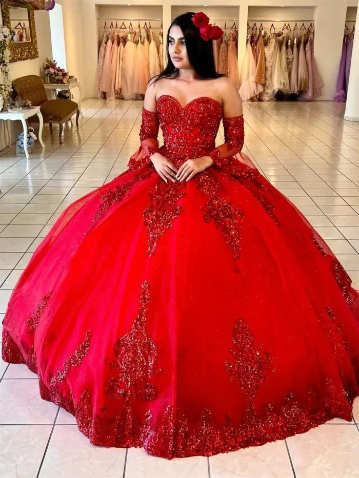 Red Sweetheart Quinceanera Dresses with Long Sleeves