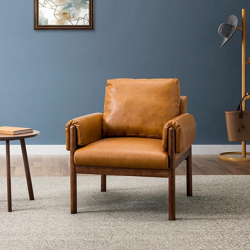 PU Leather Armchair with Removable Back & Arm Cushions, Sinuous Spring Seat & Walnut Solid Wood Legs | Camel | Single Seat