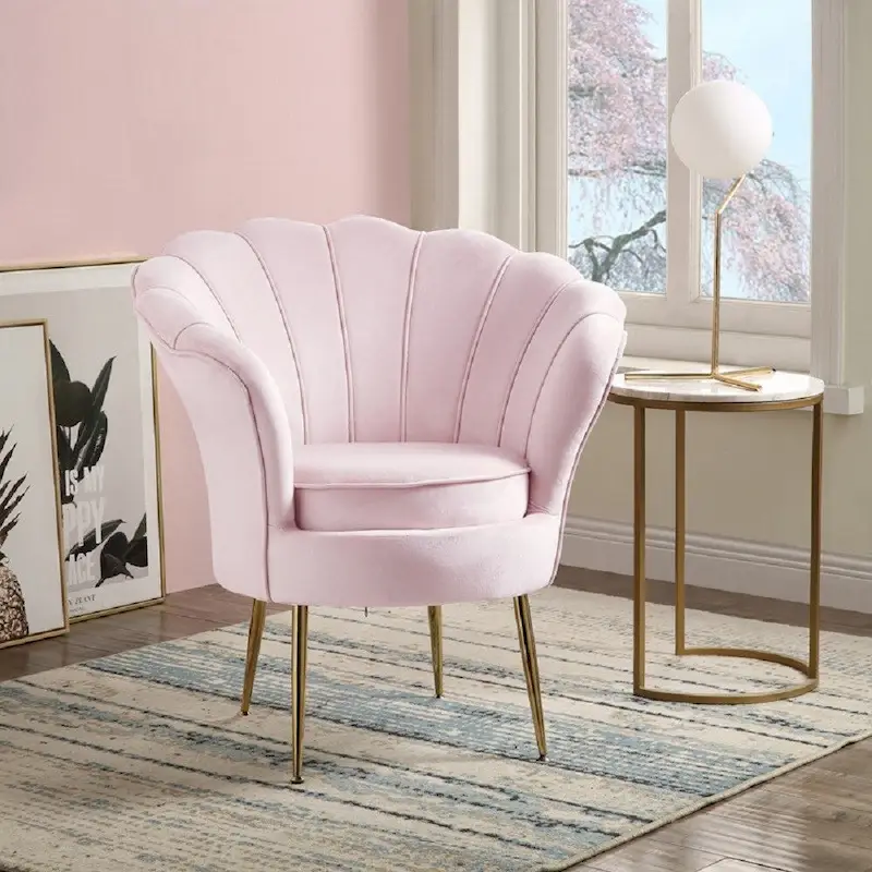 Velvet Scalloped Back Barrel Accent Chair with Metal Legs