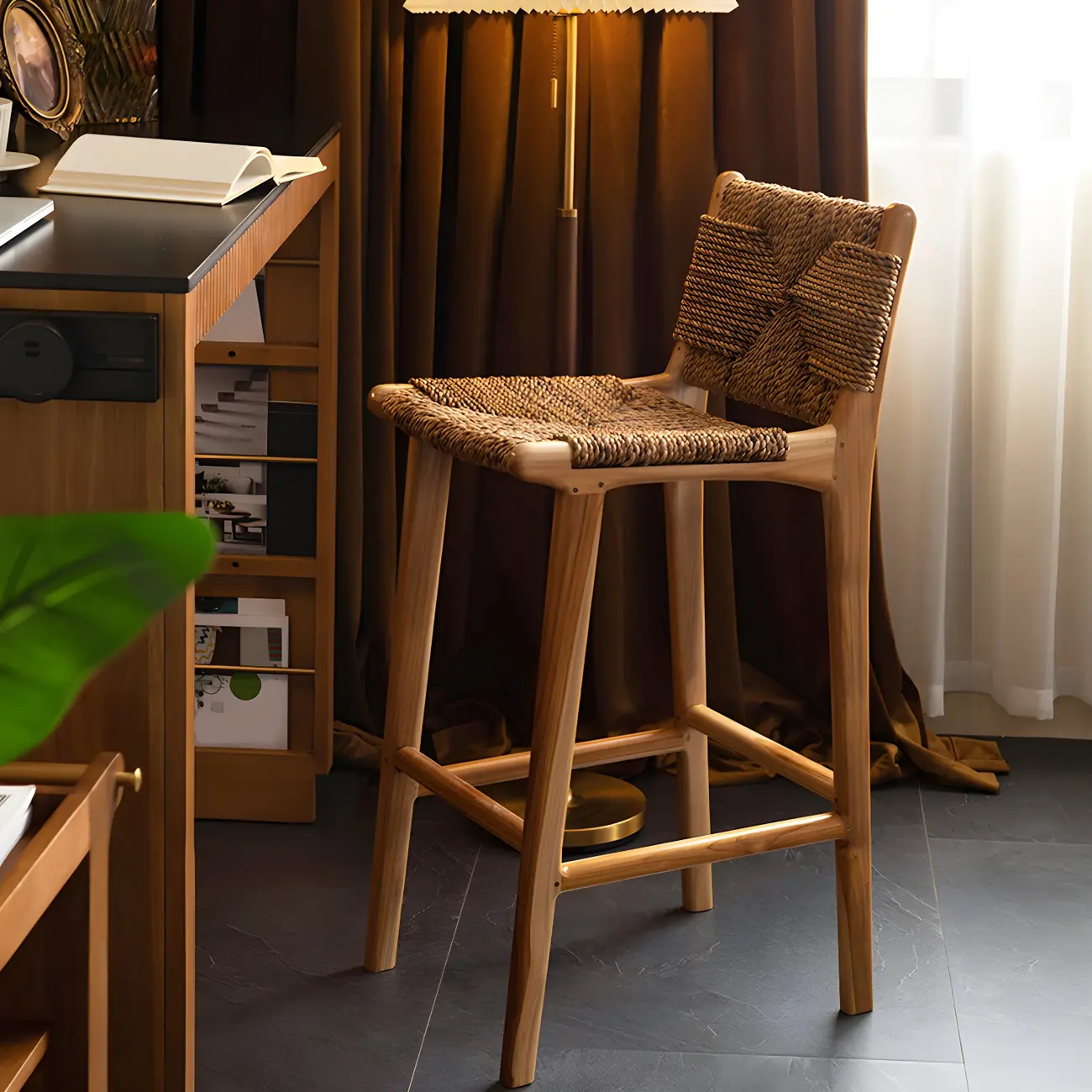 Rustic Reddish Brown Wooden Woven Bar Stool