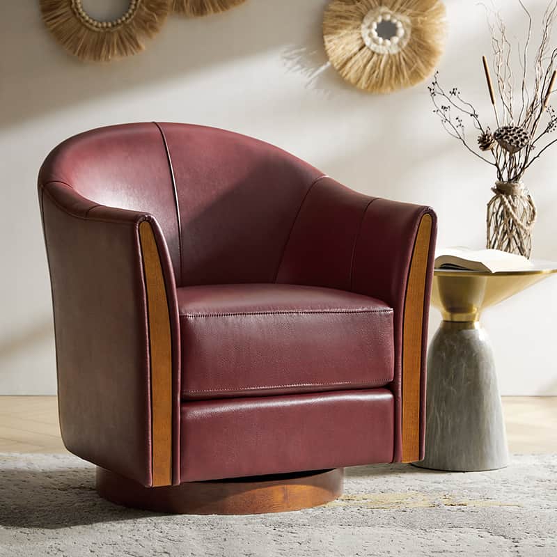 Genuine Leather Swivel Barrel Chair with Solid Wood Base & Recessed Arms | Burgundy / Brown / Camel | Single Seat